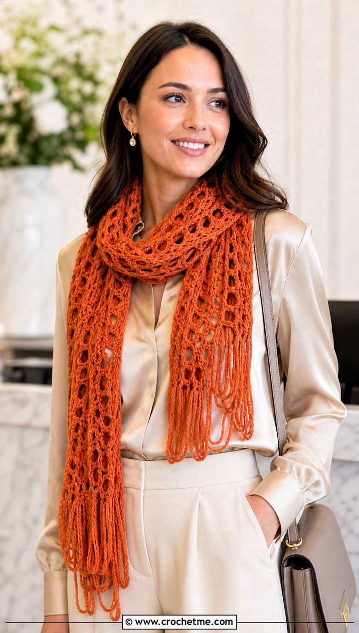 Broomstick Lace Crochet Scarf With Satin Blouse - 25 Beautiful Crochet Scarf outfit ideas