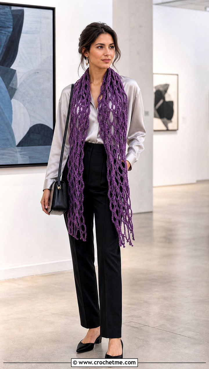 Broomstick Lace Crochet Scarf With Satin Blouse - 35 cute crochet scarf outfit ideas
