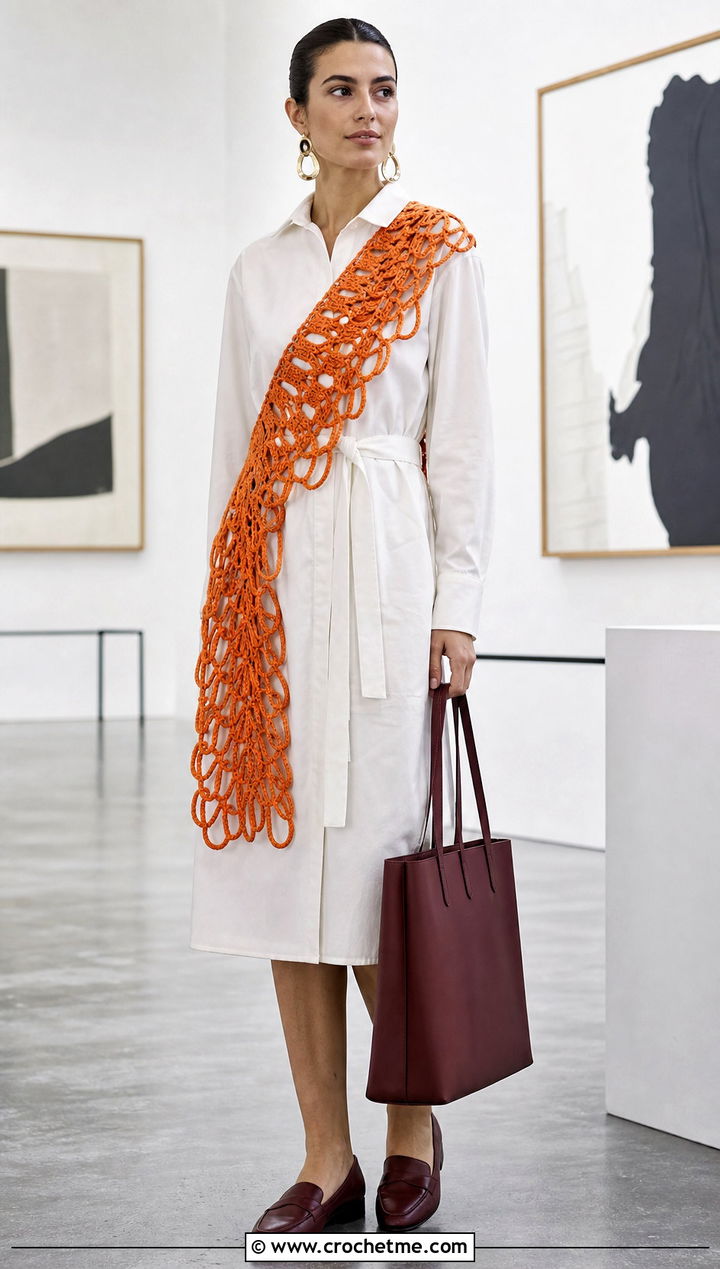 Broomstick Lace Crochet Scarf With Shirt Dress And Loafers - 35 summer crochet scarf outfit ideas