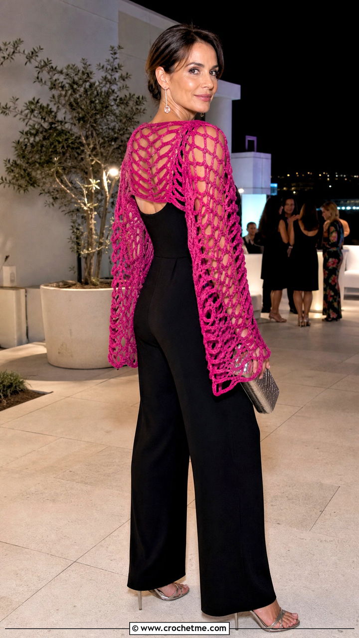 Broomstick Lace Crochet Scarf With Sleeves And Jumpsuit - 35 crochet scarf with sleeves outfit ideas