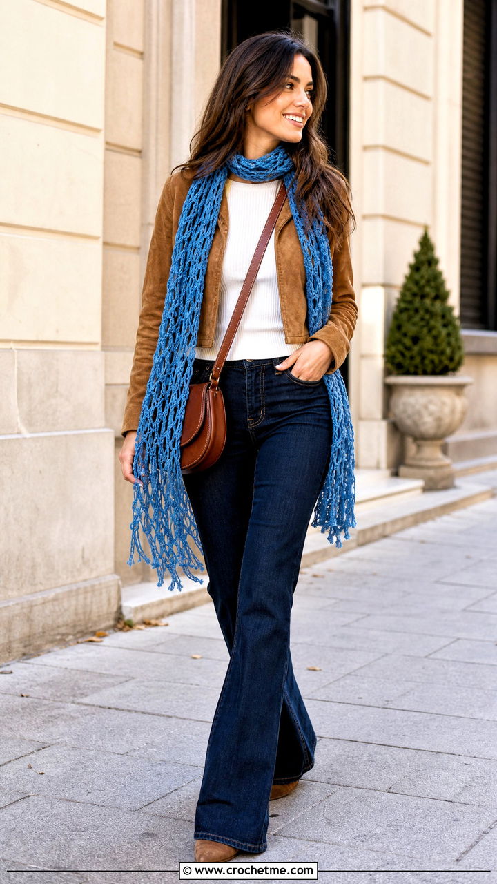 Broomstick Lace Crochet Scarf With Suede Jacket - 35 easy crochet scarves outfit ideas