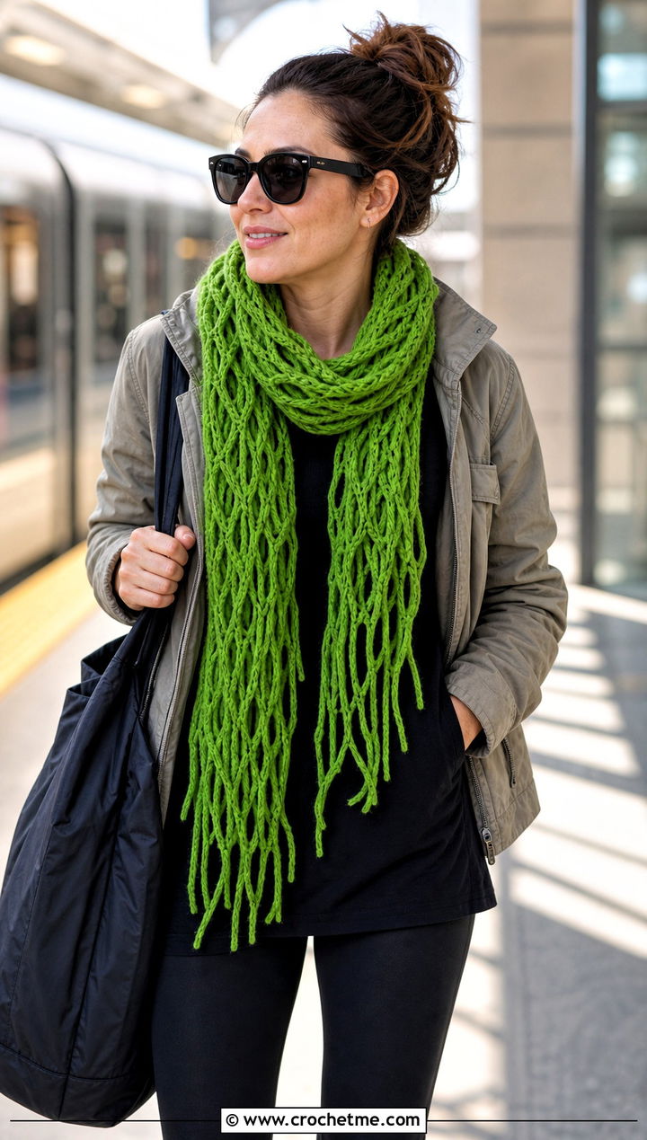 Broomstick Lace Crochet Scarf With Utility Jacket And Leggings - 15 Easy Lace Crochet Scarf outfit ideas