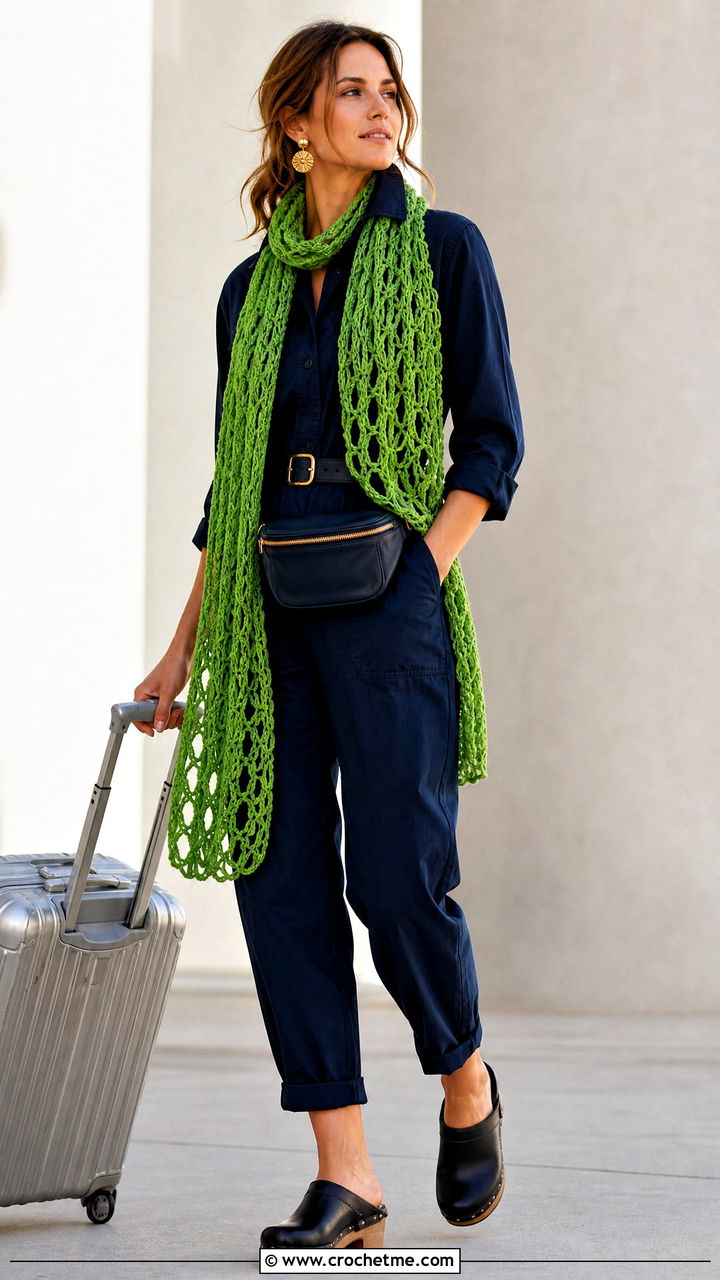 Broomstick Lace Crochet Scarf With Utility Jumpsuit - 35 crochet lace scarf outfit ideas