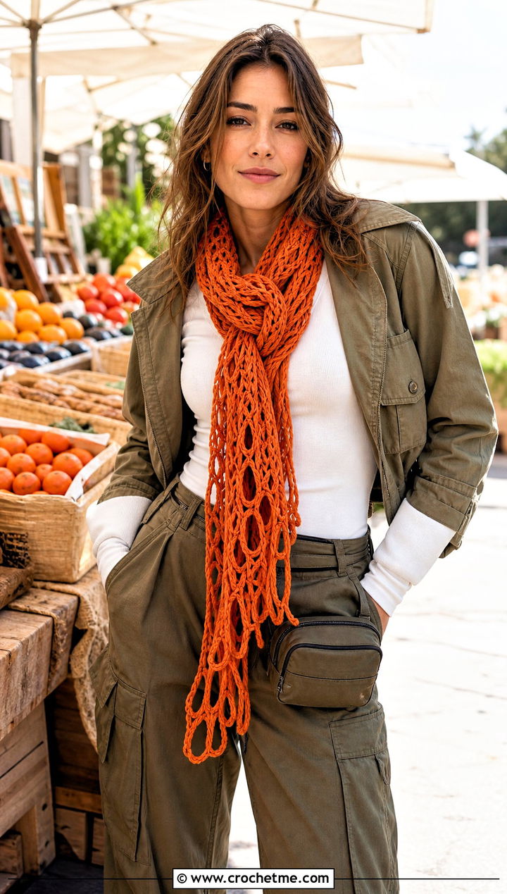Broomstick Lace Crochet Scarf With Utility Pants - 15 Lacy Crochet Scarf outfit ideas