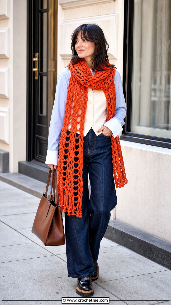 Broomstick Lace Crochet Scarf With Vest And Wide Leg Jeans - 35 quick crochet scarf outfit ideas