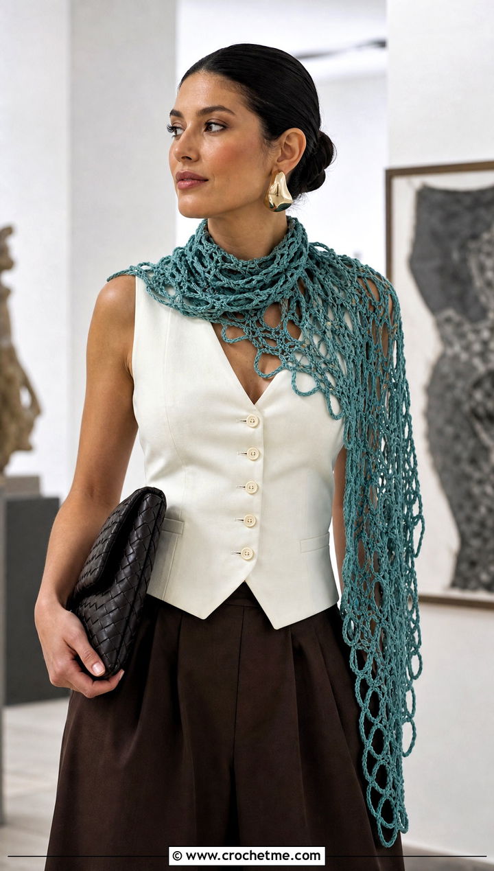 Broomstick Lace Crochet Shawl Scarf With Tailored Vest - 30 crochet shawl scarf outfit ideas