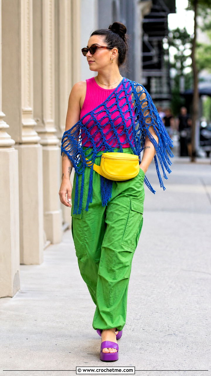 Broomstick Lace Crochet Shawl With A Tank And Cargo Pants - 35 crochet shawl outfit ideas