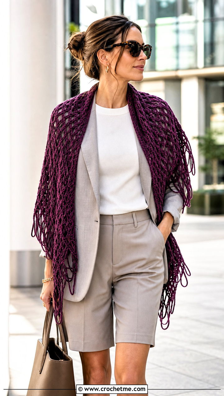 Broomstick Lace Crochet Shawl With Blazer And Bermuda Shorts - 25 Spring Crochet Shawl outfit ideas