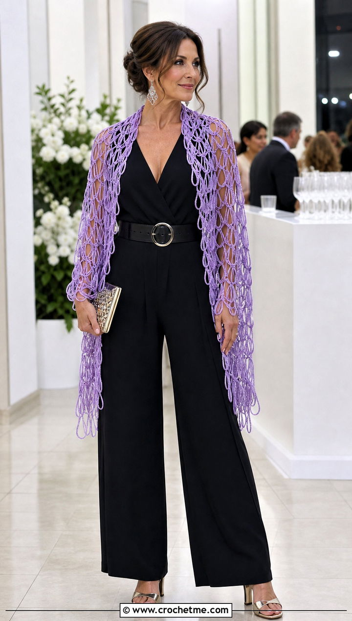 Broomstick Lace Crochet Shawl With Jumpsuit - 35 easy crochet shawl outfit ideas
