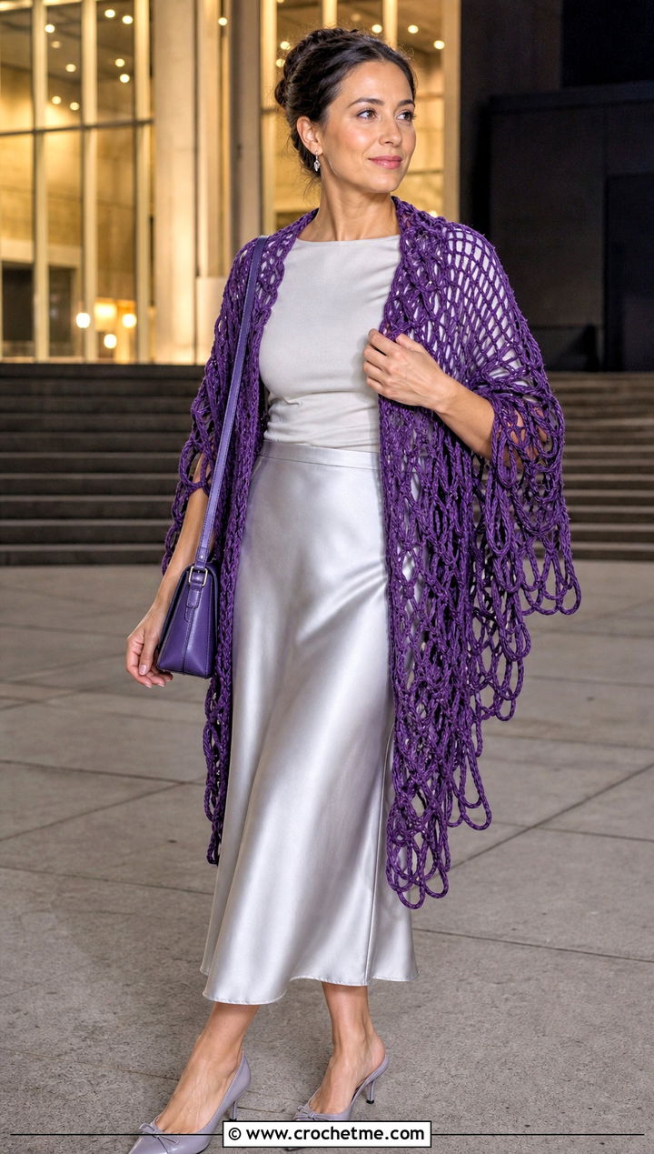 Broomstick Lace Crochet Shawl With Satin Skirt - 20 Elegant Crochet Shawl outfit ideas
