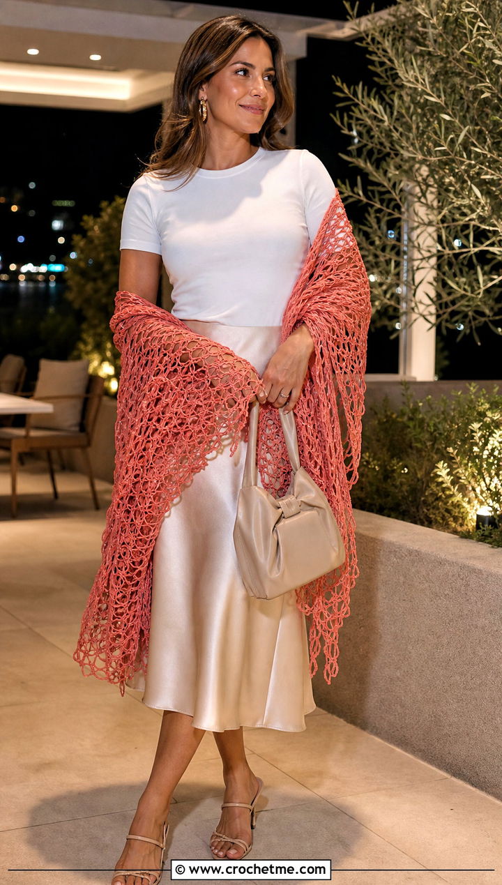 Broomstick Lace Crochet Shawl With Satin Skirt - 30 summer crochet shawl outfit ideas