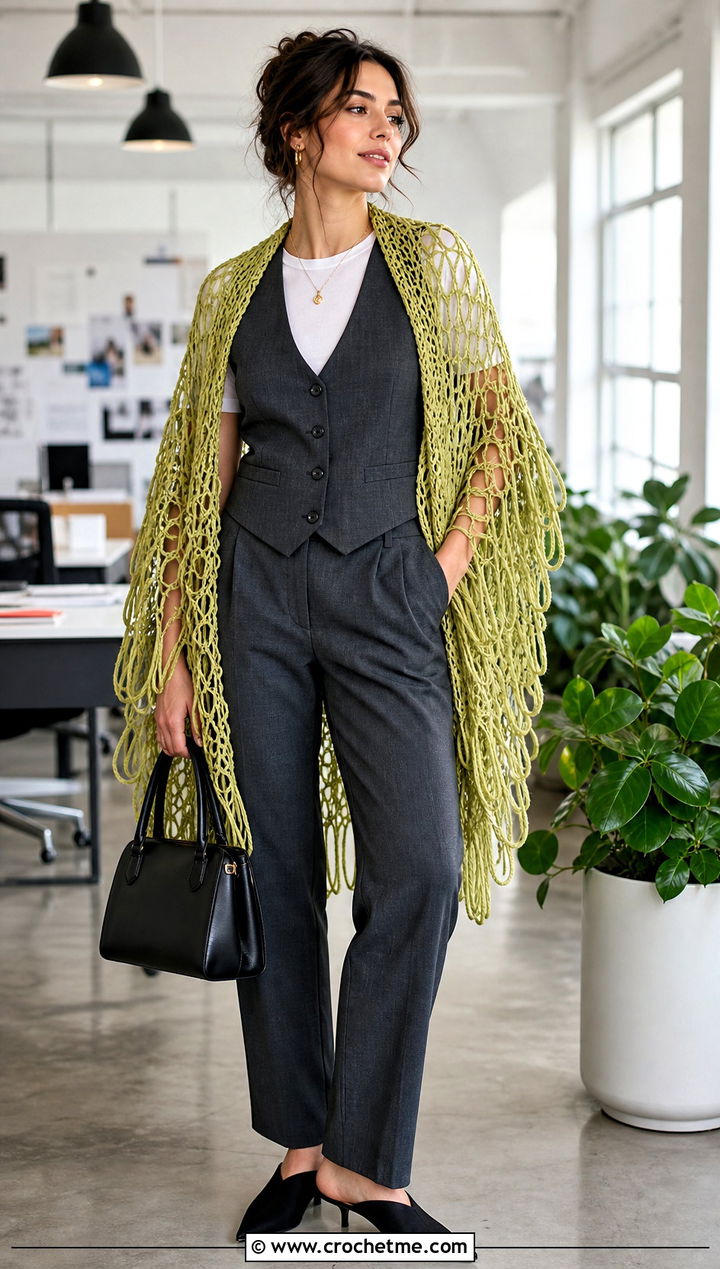 Broomstick Lace Crochet Shawl With Tailored Vest - 25 Simple Crochet Shawl outfit ideas