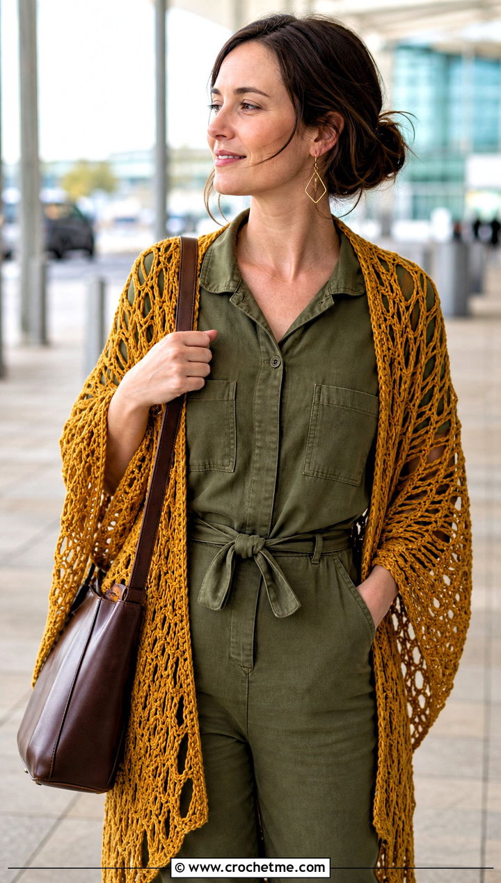 Broomstick Lace Crochet Shawl With Utility Jumpsuit - 20 Light Weight Crochet Shawl outfit ideas