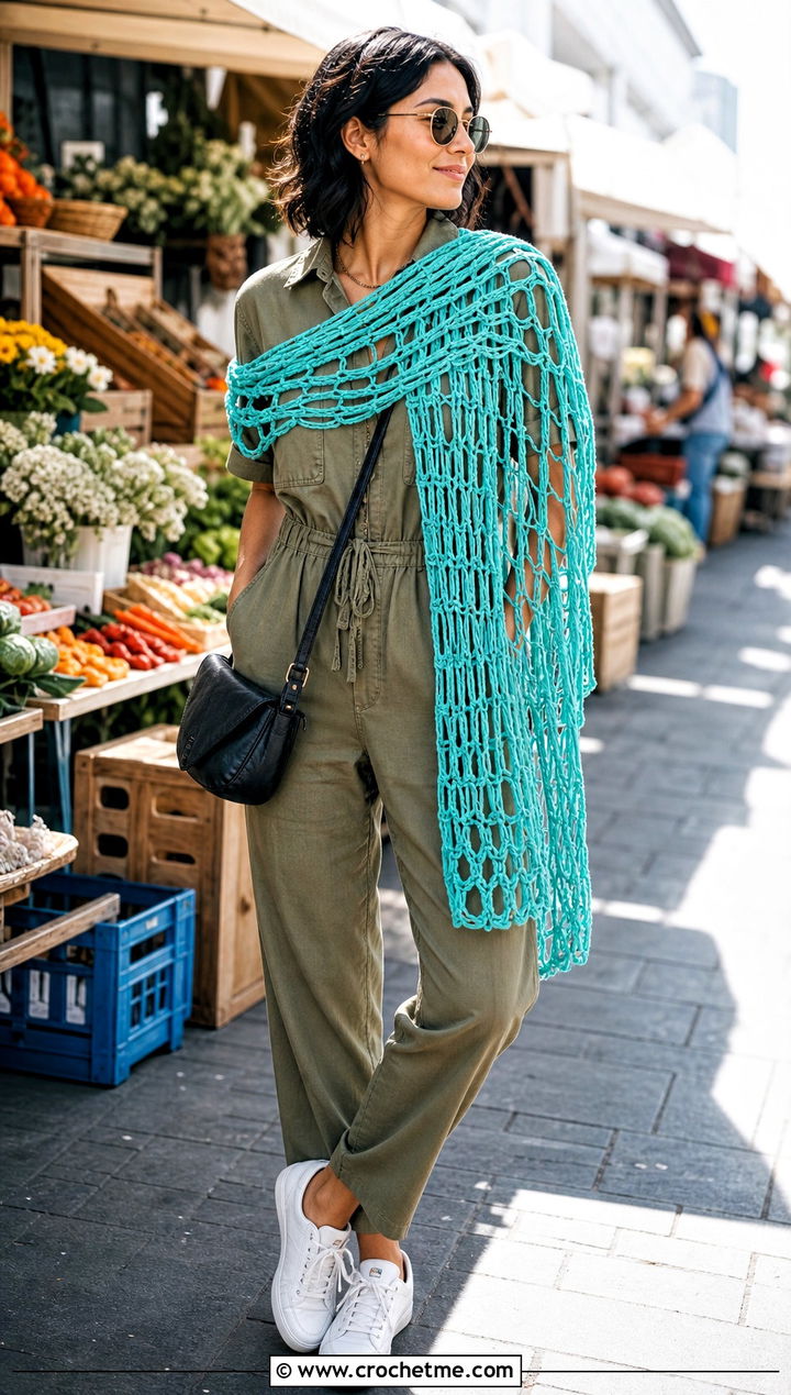 Broomstick Lace Crochet Shawl With Utility Jumpsuit - 25 Lace Crochet Shawl outfit ideas