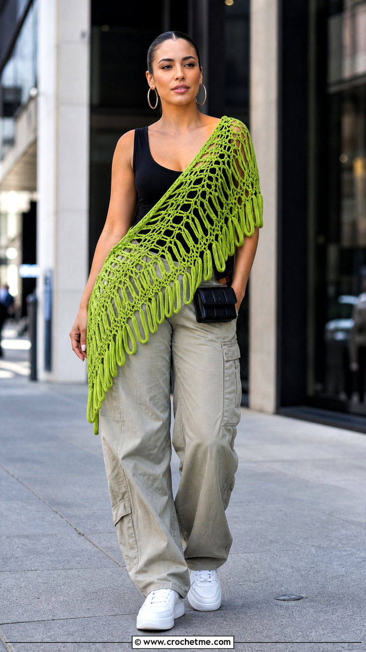 Broomstick Lace Crochet Shawl With Utility Pants - 35 lacy crochet shawl outfit ideas