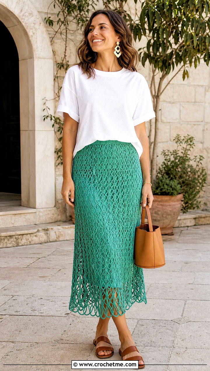 Broomstick Lace Crochet Skirt With Boxy T Shirt - 35 easy crochet skirt outfit ideas