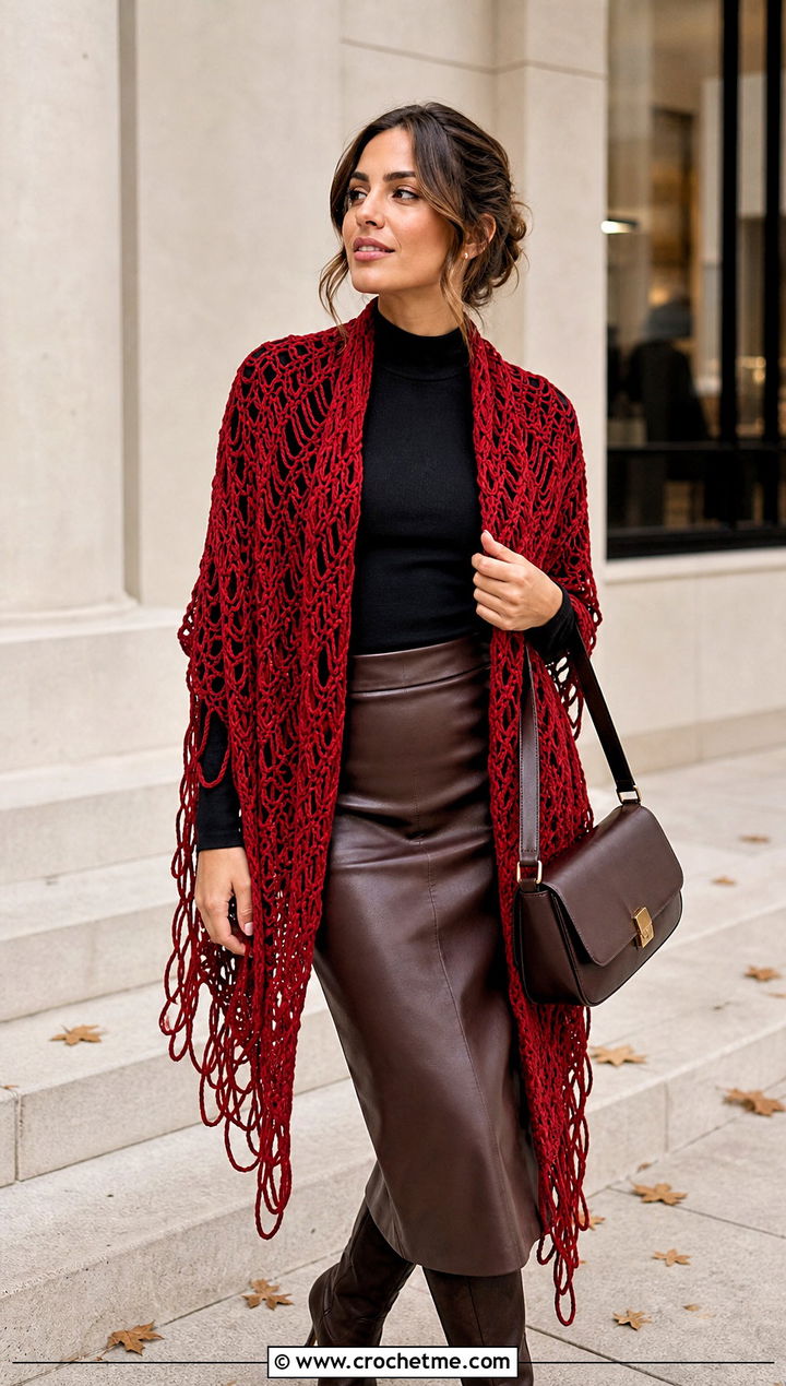 Broomstick Lace Crochet Stole With A Leather Skirt - 30 easy crochet lace shawl outfit ideas