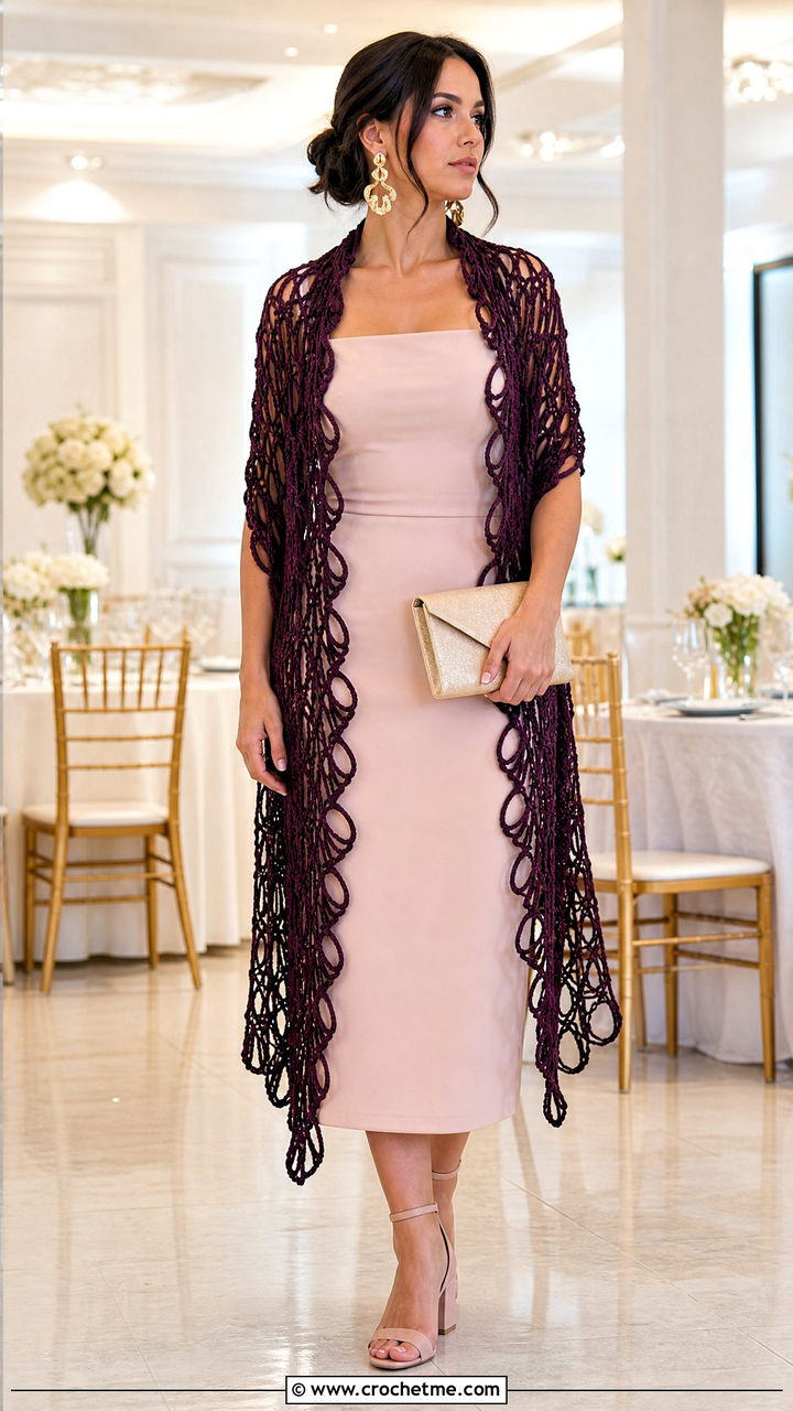 Broomstick Lace Crochet Stole With Column Dress - 35 Crocheted Shawls And Wraps outfit ideas