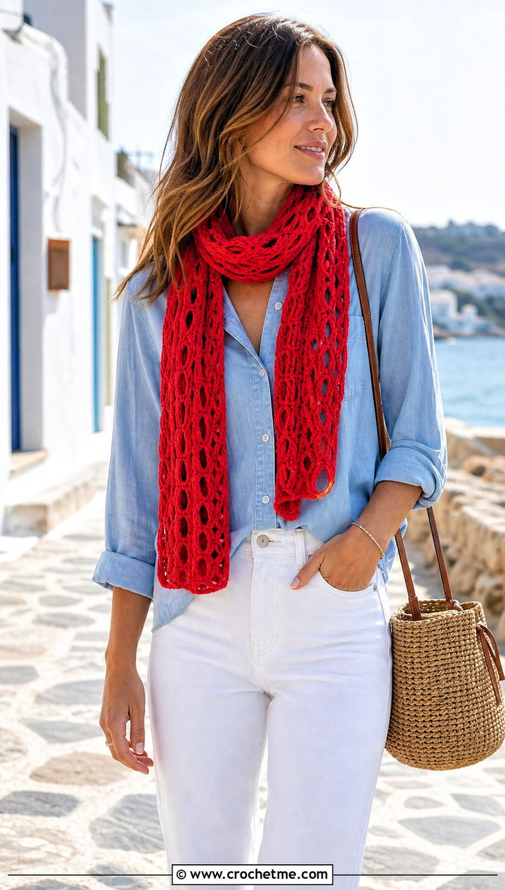 Broomstick Lace Crochet Summer Scarf With Chambray Shirt And White Jeans - 30 crochet summer scarf outfit ideas