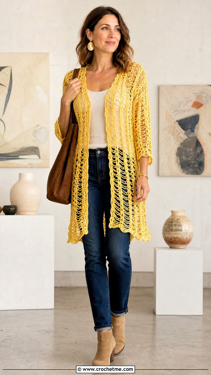 Broomstick Lace Crochet Tunic With Slim Jeans - 35 crochet lace top outfit ideas