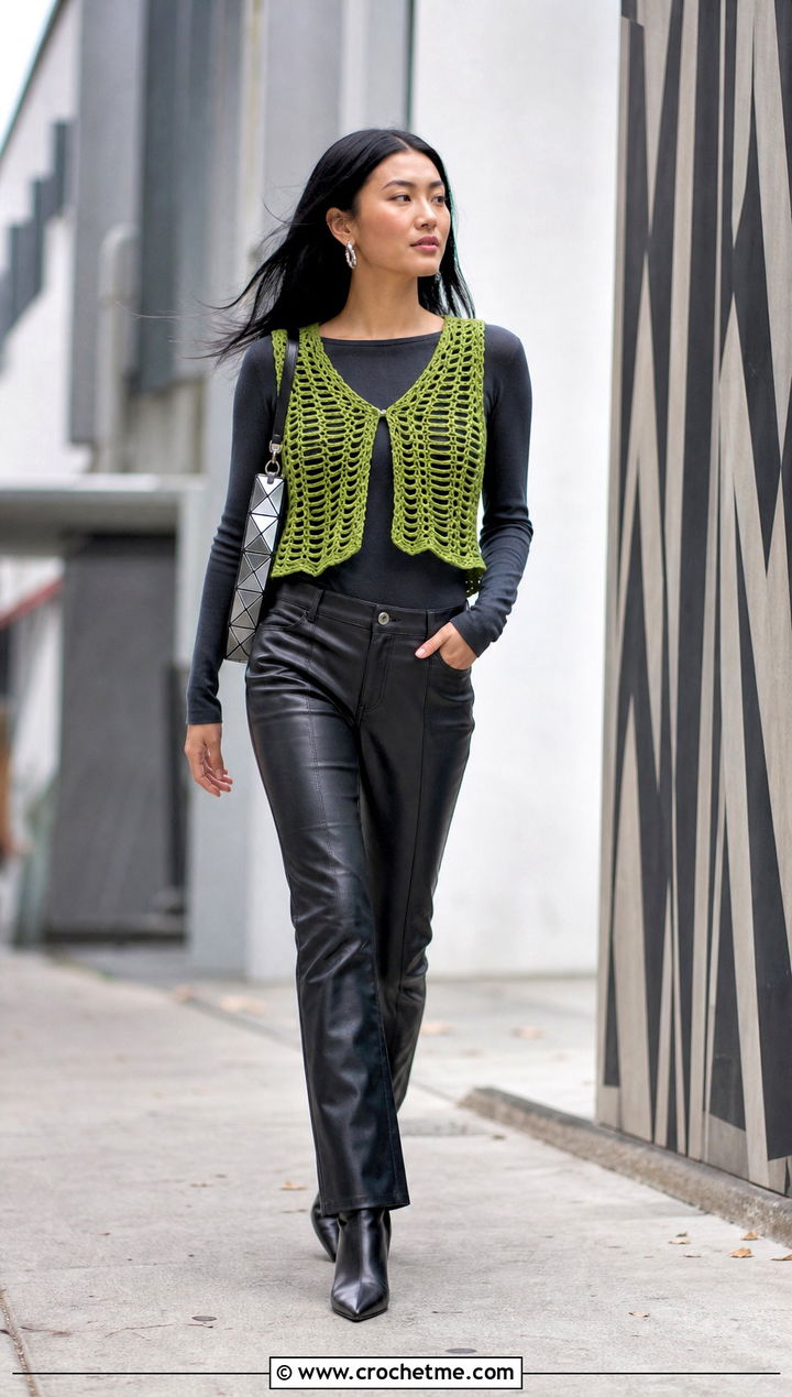 Broomstick Lace Crochet Vest With Leather Pants - 20 Lacy Crochet Vest outfit ideas
