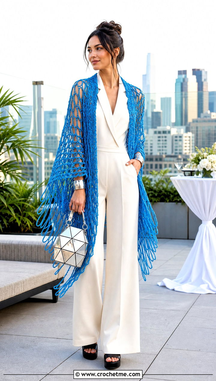 Broomstick Lace Crochet Wrap Shawl With Wide Leg Jumpsuit - 35 crochet wrap shawl outfit ideas