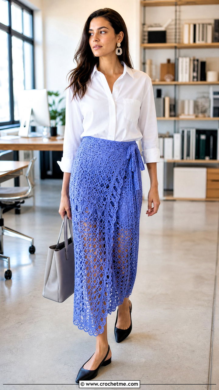 Broomstick Lace Crochet Wrap Skirt With Poplin Shirt - 35 crochet wrap skirt outfit ideas