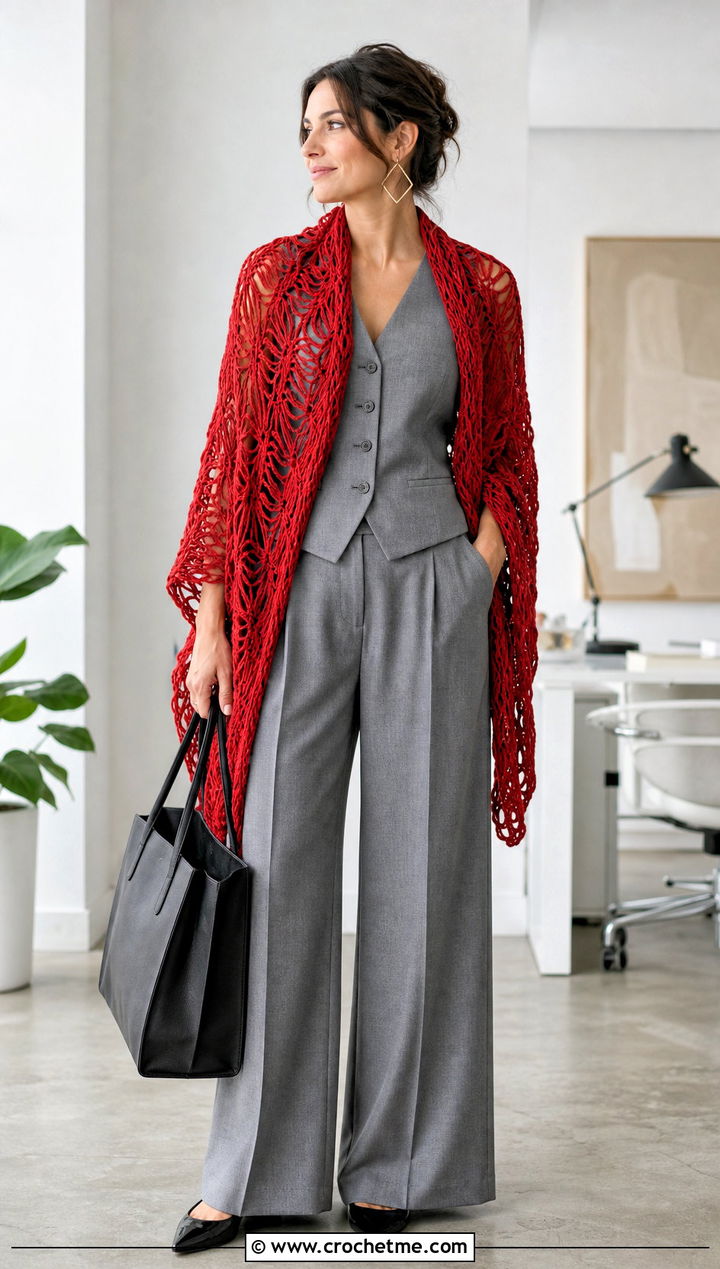 Broomstick Lace Crochet Wrap With Tailored Vest And Pants - 30 crochet shawl wrap outfit ideas