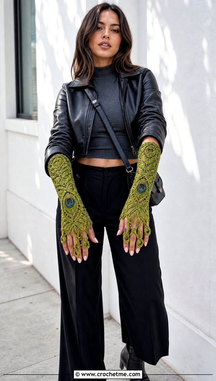 Broomstick Lace Gauntlets With Leather Jacket And Wide Leg Pants - 15 Vintage Lace Crochet Gloves outfit ideas