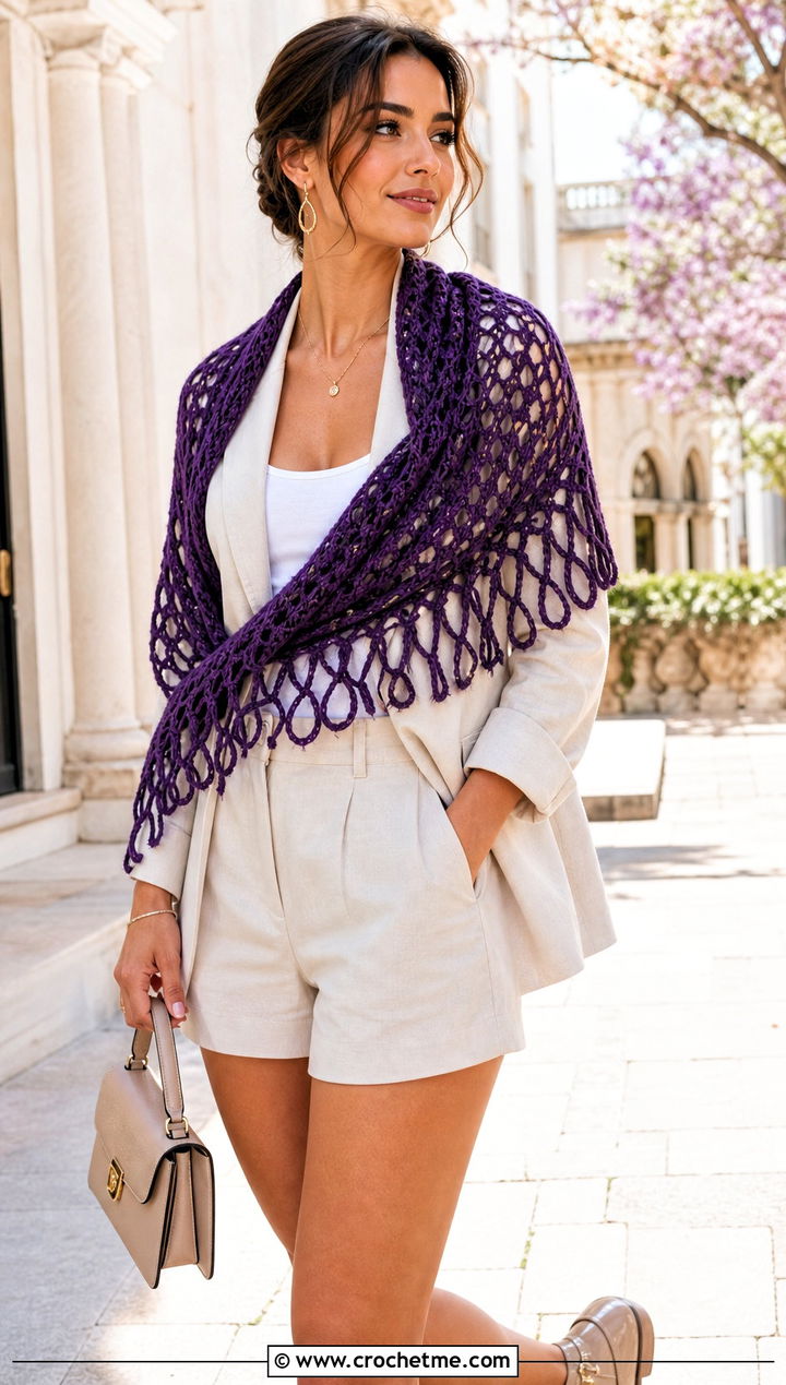 Broomstick Lace Half Moon Crochet Shawl With Blazer And Shorts - 25 Half Moon Crochet Shawl outfit ideas
