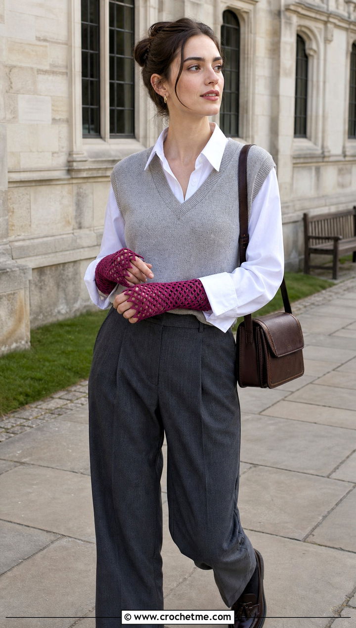 Broomstick Lace Hand Warmers With Sweater Vest - 20 Crochet Lace Hand Warmers outfit ideas