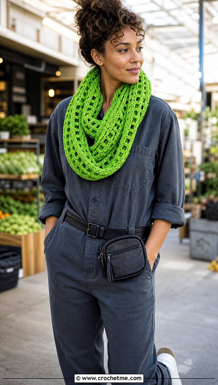 Broomstick Lace Infinity Scarf With Utility Jumpsuit - 20 Lacy Crochet Infinity Scarf outfit ideas