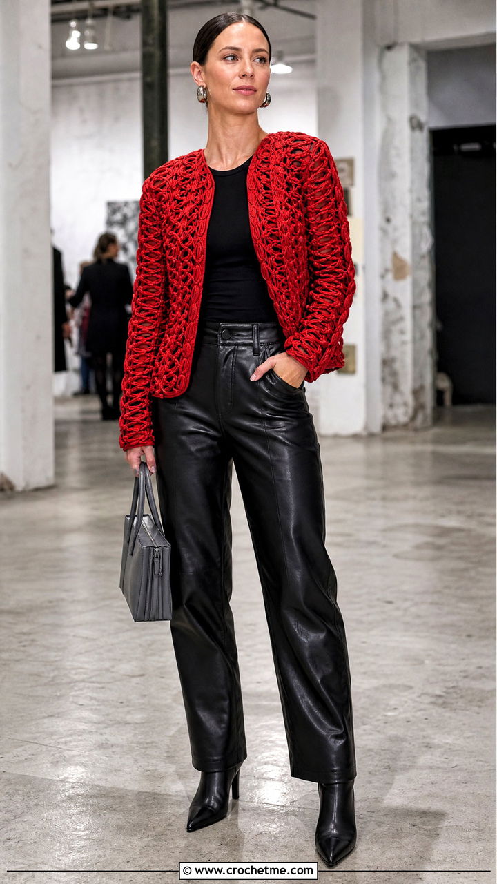 Broomstick Lace Jacket With Leather Pants - 35 crochet lace jacket outfit ideas