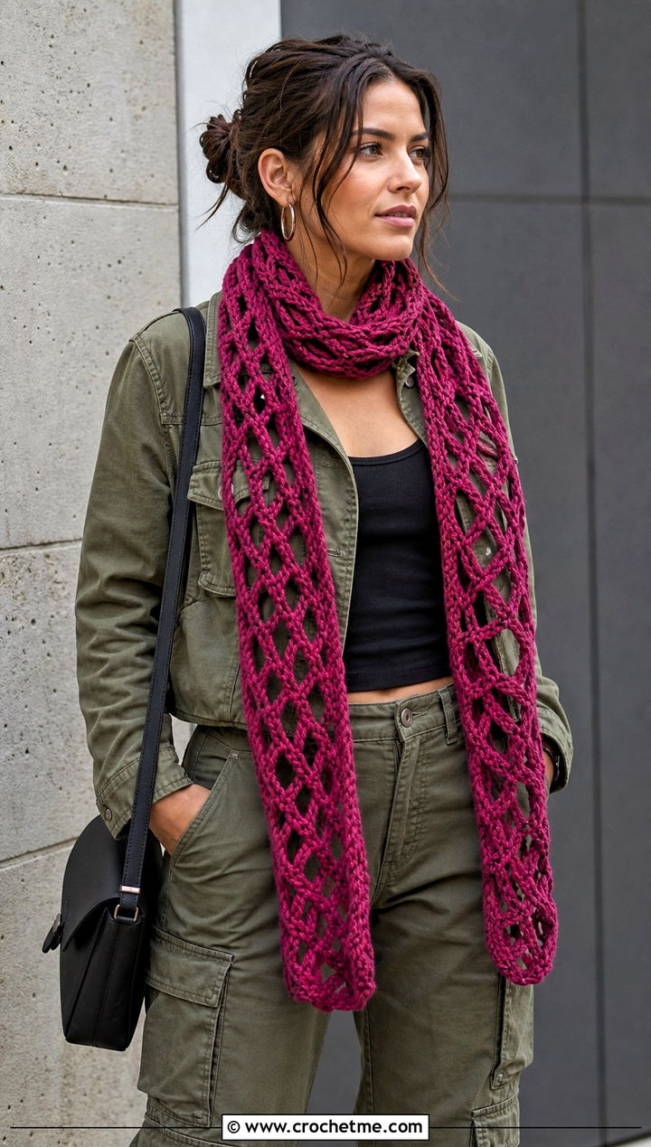 Broomstick Lace Openwork Crochet Scarf With Utility Outfit - 15 openwork crochet scarf outfit ideas
