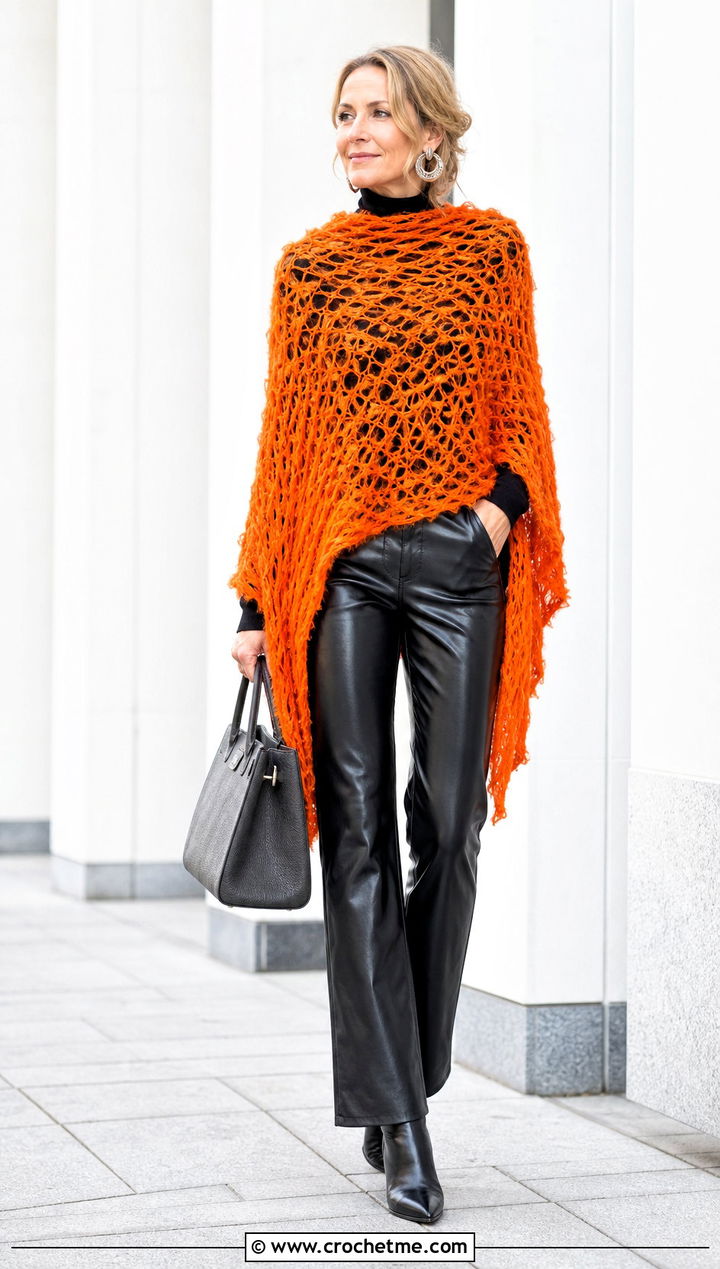 Broomstick Lace Poncho With Leather Pants - 15 Crochet Lace Poncho On Hanger outfit ideas