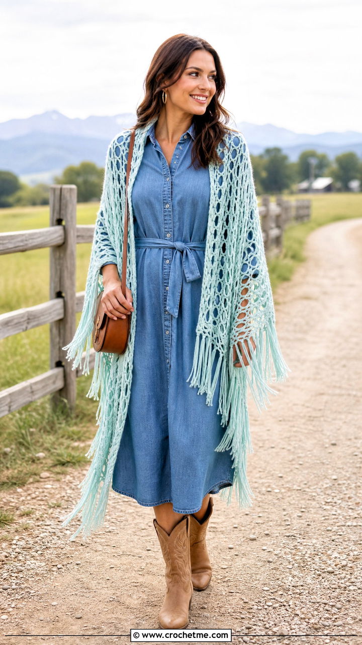 Broomstick Lace Prayer Shawl With Chambray Dress And Western Boots - 35 easy crochet prayer shawls outfit ideas