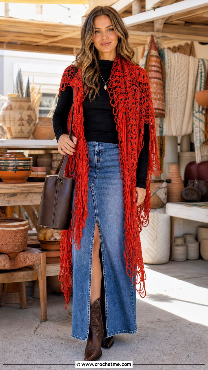 Broomstick Lace Prayer Shawl With Denim Maxi Skirt - 35 crochet prayer shawl outfit ideas
