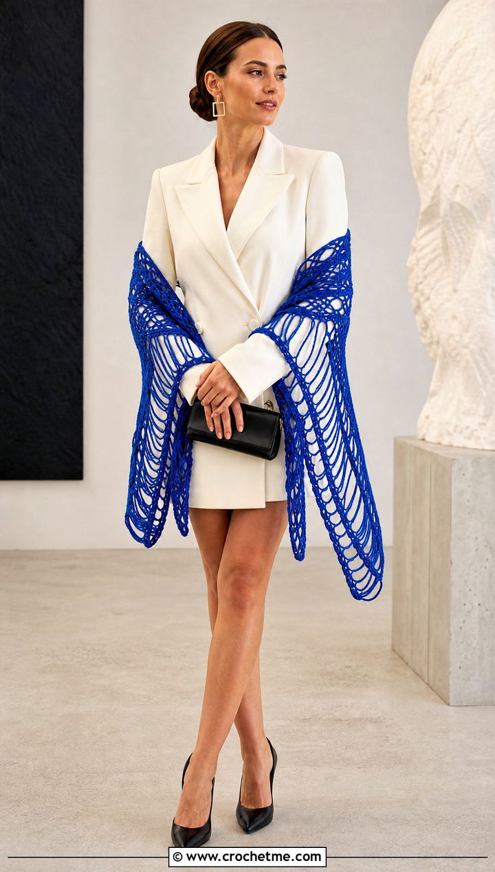 Broomstick Lace Rectangular Crochet Shawl With Blazer Dress - 30 rectangular crochet shawls outfit ideas