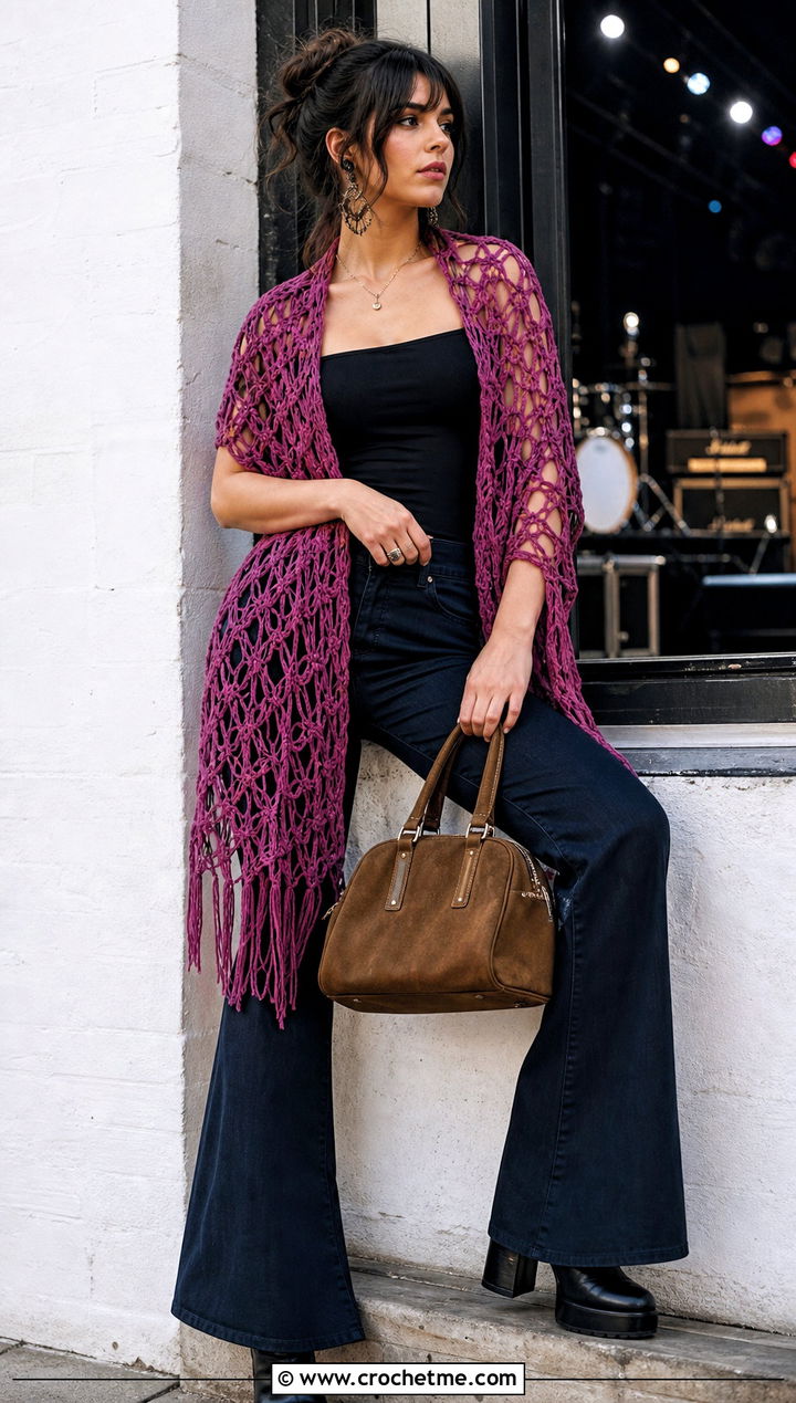 Broomstick Lace Stole With Flared Jeans - 25 Lacey Crochet Shawls outfit ideas
