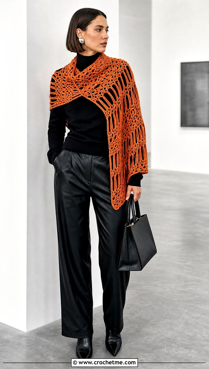 Broomstick Lace Stole With Leather Pants - 25 Vintage Crochet Shawl outfit ideas