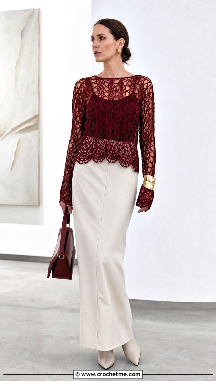 Broomstick Lace Top With Tailored Maxi Skirt - 35 lacy crochet top outfit ideas