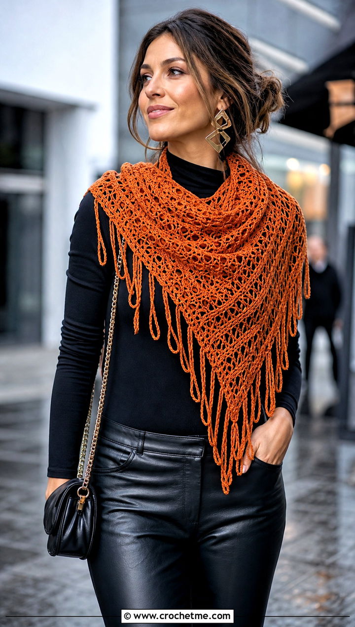 Broomstick Lace Triangle Shawl With Leather Pants - 20 Crochet Lace Triangle Shawl outfit ideas