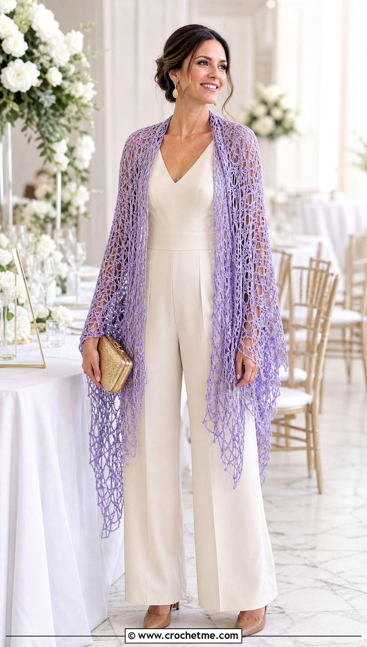 Broomstick Lace Wedding Shawl With Wide Leg Jumpsuit - 35 crochet wedding shawl outfit ideas