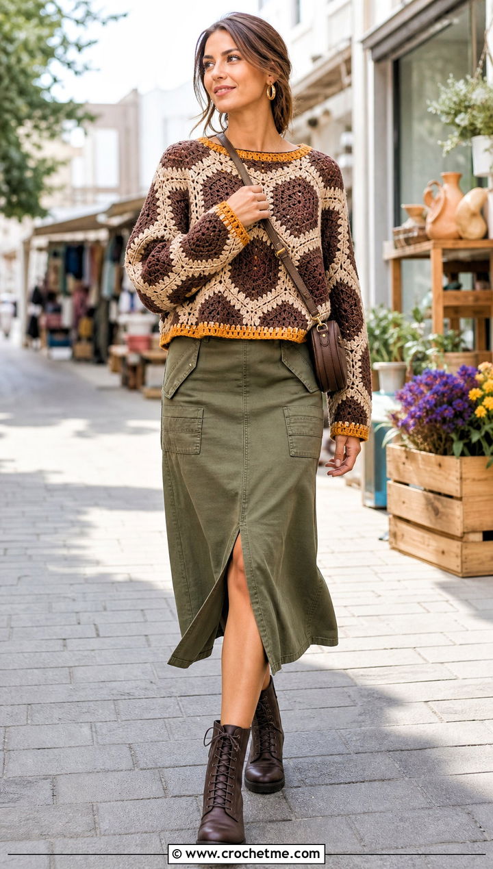 Brown And Beige Geometric Crochet Sweater With Utility Skirt - 25 Brown And Beige Crochet Sweater outfit ideas