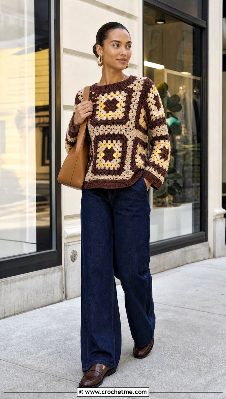 Brown And Beige Granny Square Crochet Sweater With Wide Leg Jeans - 25 Brown And Beige Crochet Sweater outfit ideas