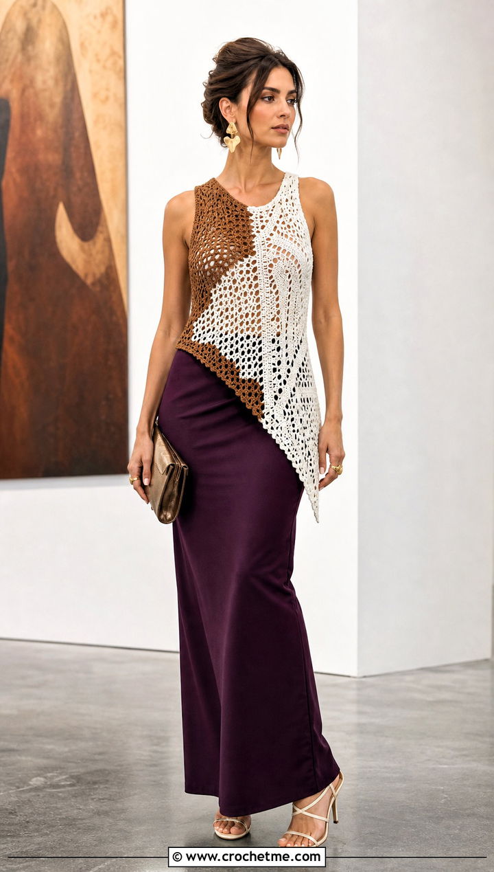 Brown And White Asymmetrical Crochet Top With Column Skirt - 30 brown and white crochet top outfit ideas