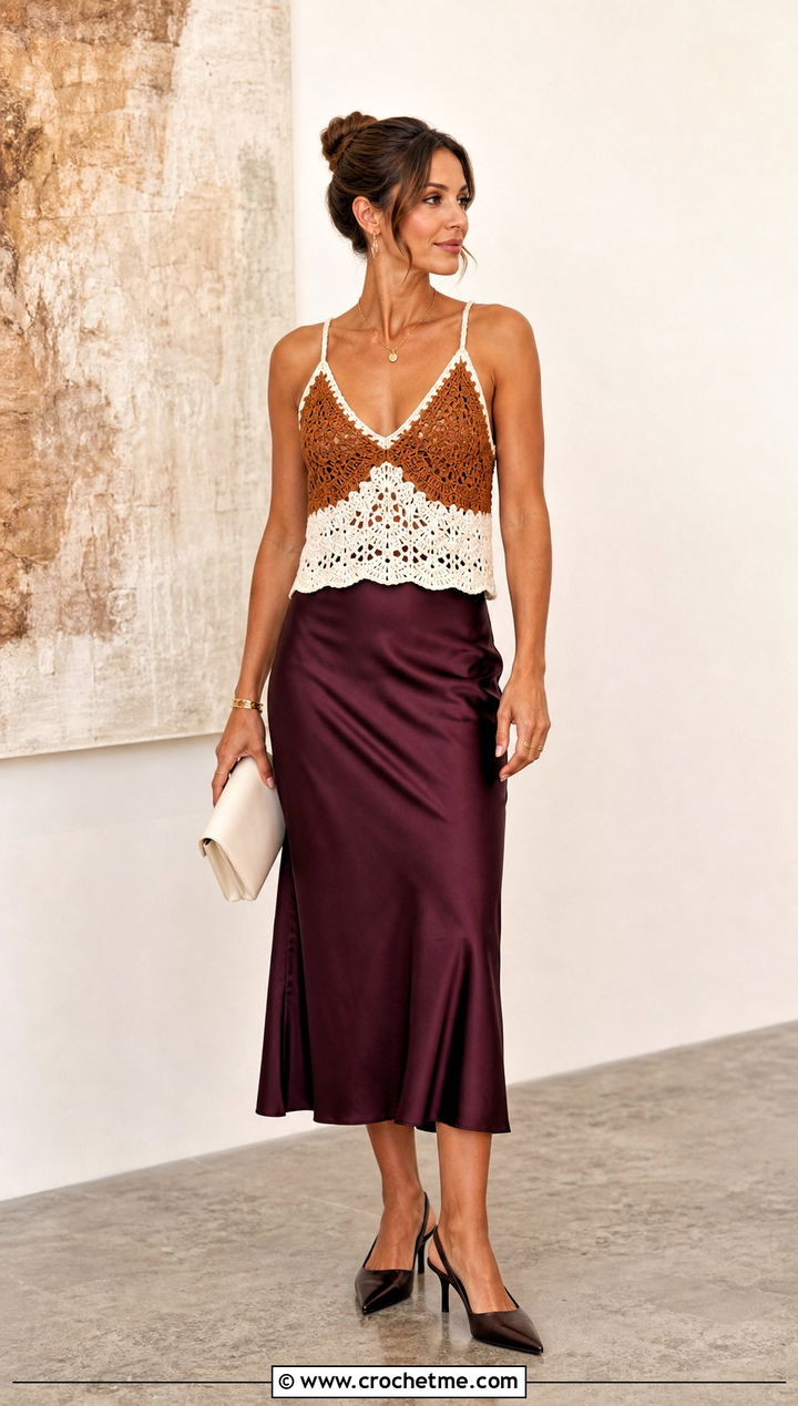 Brown And White Crochet Camisole With Satin Midi Skirt - 30 brown and white crochet top outfit ideas