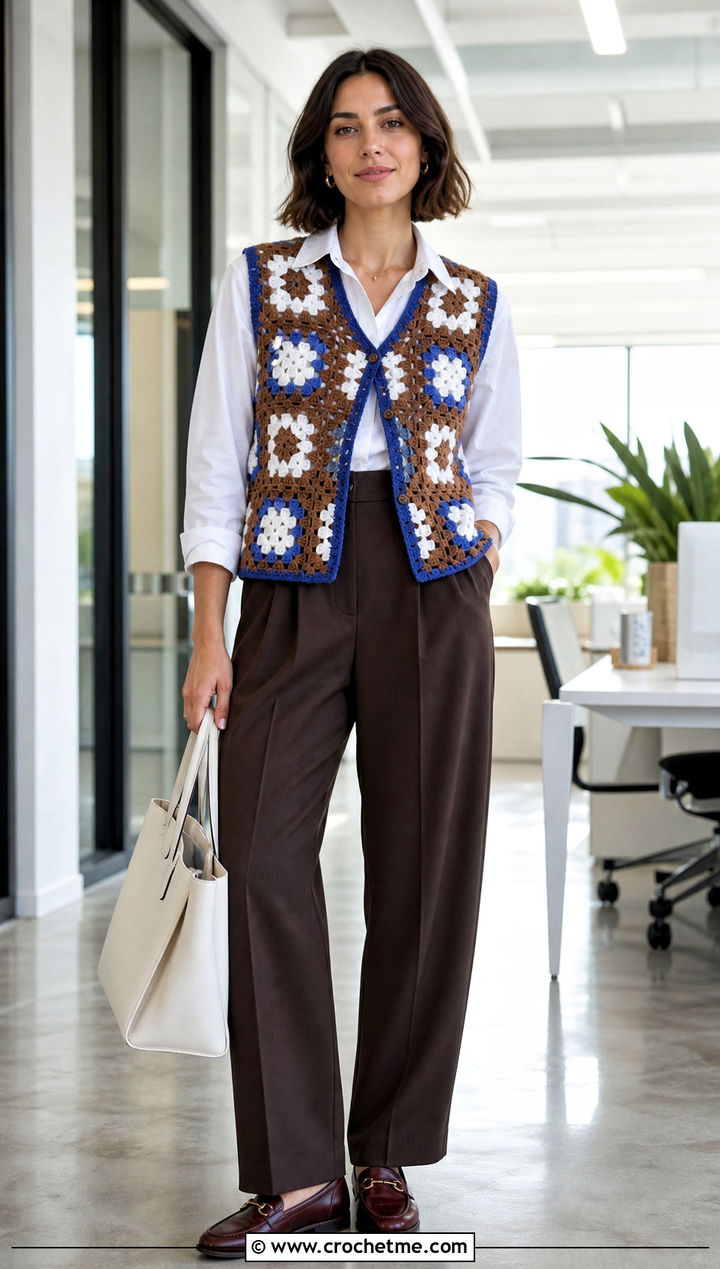 Brown And White Granny Square Vest With Pleated Trousers - 30 brown and white crochet top outfit ideas