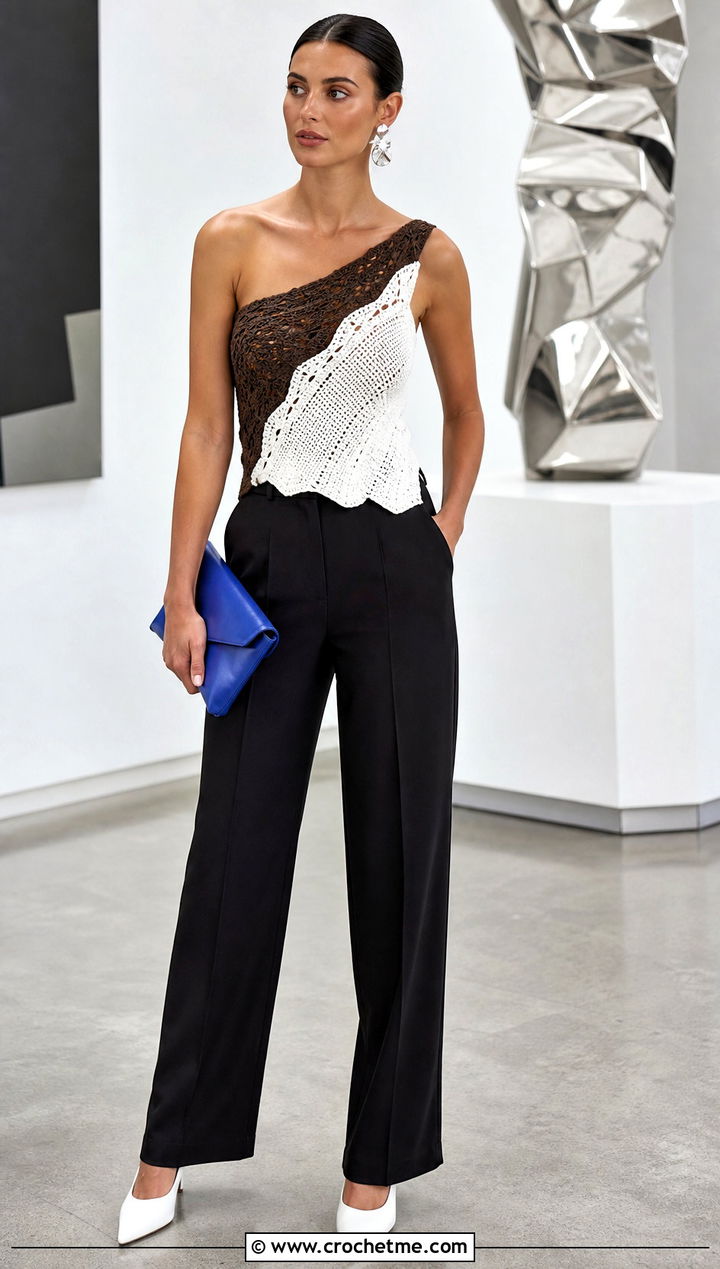 Brown And White One Shoulder Crochet Top With Black Trousers - 30 brown and white crochet top outfit ideas