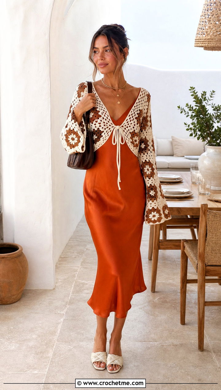 Brown And White Tie Front Crochet Top With Slip Dress - 30 brown and white crochet top outfit ideas